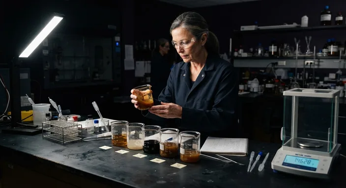 Una especialista de laboratorio examina una muestra frente a cinco vasos de ensayo rotulados del 1 al 5.