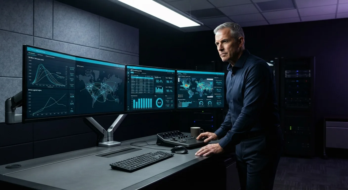Un ejecutivo de pie frente a tres monitores con tableros de pronóstico de demanda, mapas y gráficos, en una sala de control con servidores al fondo.